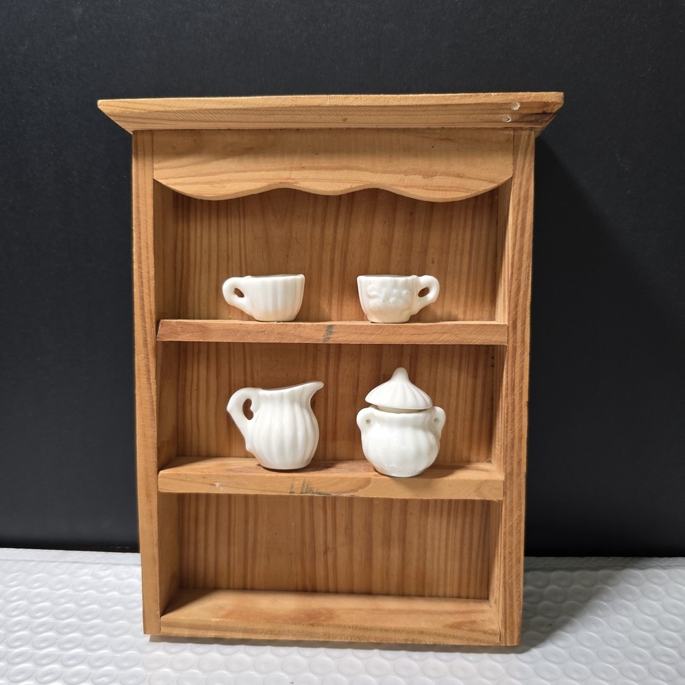 Miniature Wooden Curio Hutch With Miniature Tea Set White